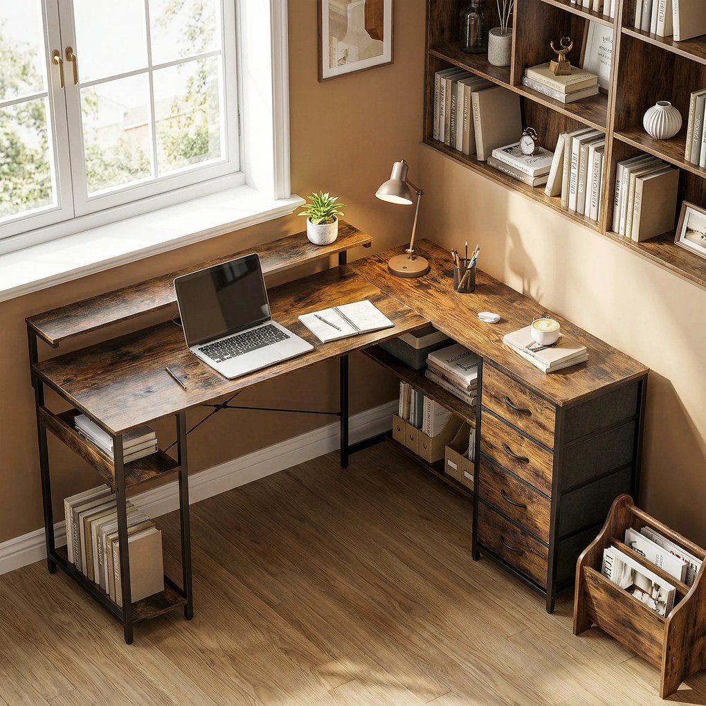 HOMCOM Biurko gamingowe L-kształtne z gniazdkiem, oświetleniem LED, 4 szufladami, podstawką pod monitor 155x110x91,4 cm Brąz | Aosom PL