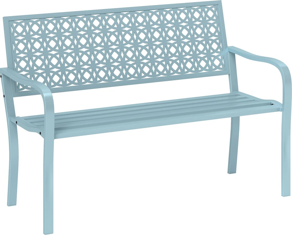 Outsunny Zewnętrzna Ławka Ogrodowa z Stali, Wycięte Oparcie, Podłokietniki, dla 2 Osób, Niebieska