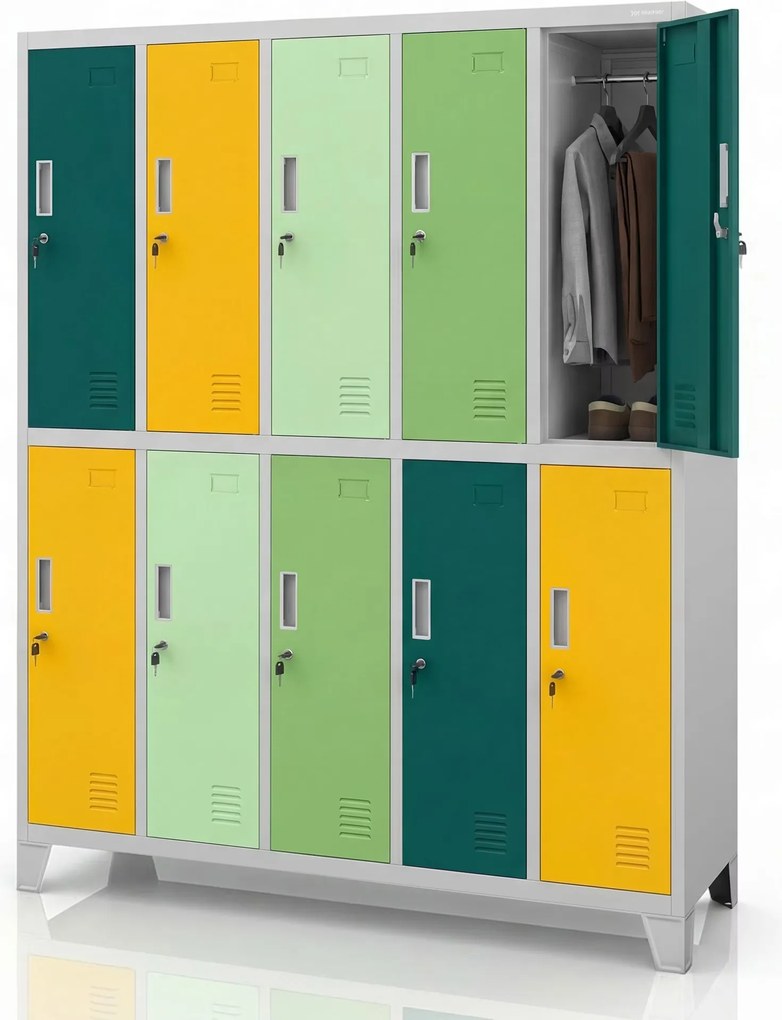 Szafa BHP ubraniowa 10-drzwiowa szaro-zielono-żółta: BARTEK 1360 x 1720 x 450 mm