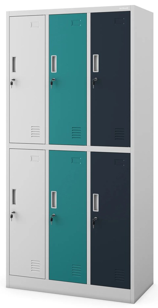 Szafka socjalna ubraniowa BHP szaro-wielokolorowa: 6-drzwiowa IGOR, 900 x 1850 x 450 mm