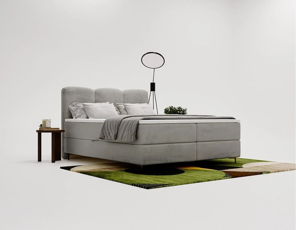Emporius Malaga Box łóżko kontynentalne z topperem 160x200 - łóżko z dwoma pojemnikami i materacem H3, tkanina aksamitna, szary (Magic Velvet 2217)