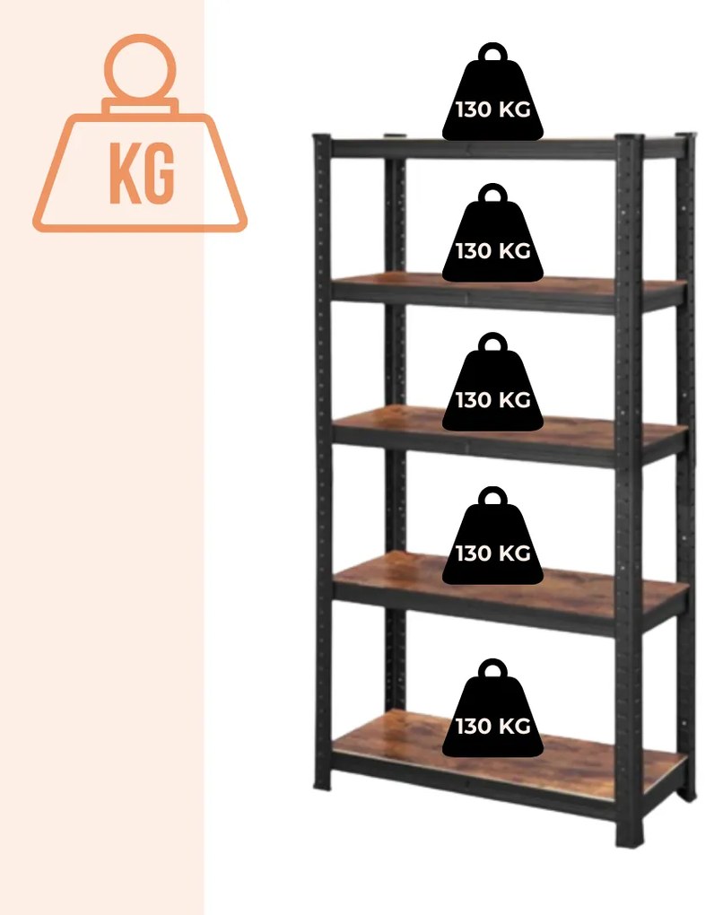 Jurhan Regał DUSTY, 5 półek, max 650kg, czarna/brązowa