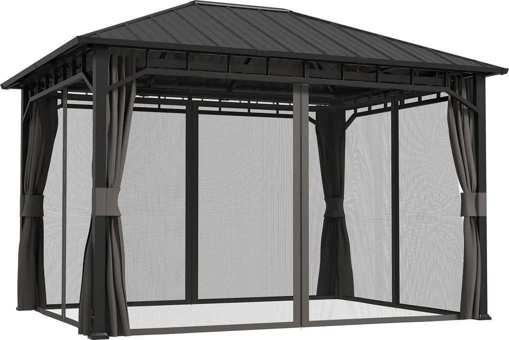 Outsunny Pawilon Ogrodowy, Metalowy Pawilon, Wodoodporny, UV-odporny, Pawilon Tarasowy z Siątkową Ścianą i Zasłonami, Ciemnoszary