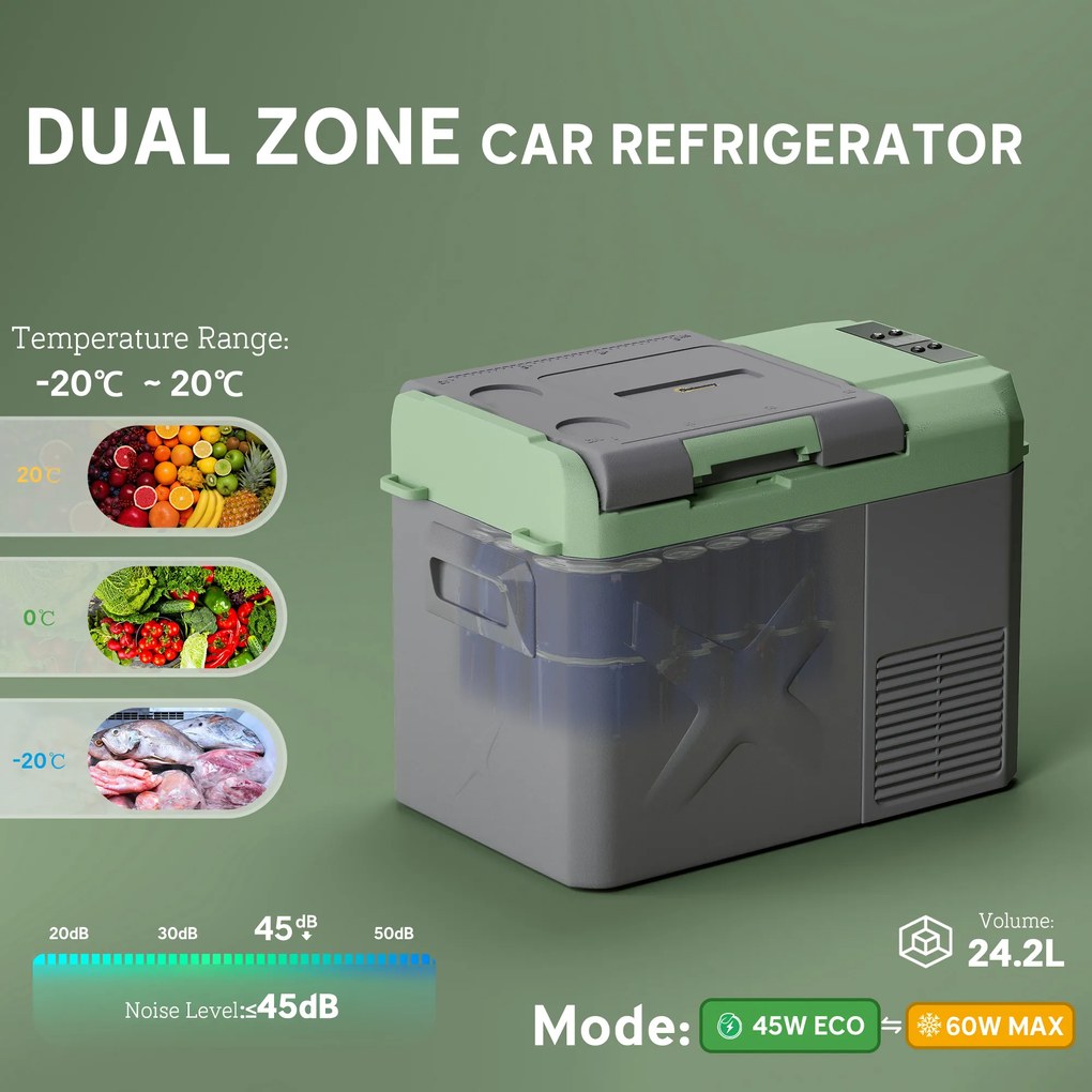Outsunny 24,2 L Lodówka Campingowa, Lodówka Samochodowa z LED, Adaptory AC i DC, Cicha Praca, Szara+Zielona
