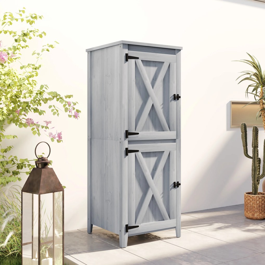 Outsunny Drewniana Szopa, Kompaktowy Szafę Ogrodową na Narzędzia i Sprzęt Ogrodowy z Zamykanymi Drzwiami, Jasnoszary