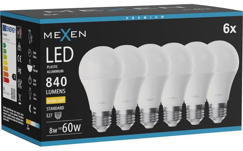 Mexen Nova 6x żarówka LED E27, A60, 8W, Ciepła - 3000K, 840 lm - L100-E27-0830-01x06