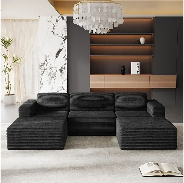 Modułowa Sofa Narożna 3-osobowa w Welurze Żebrowanym, z 2 pufami i 3 poduszkami, 303x202x82cm, Czarny