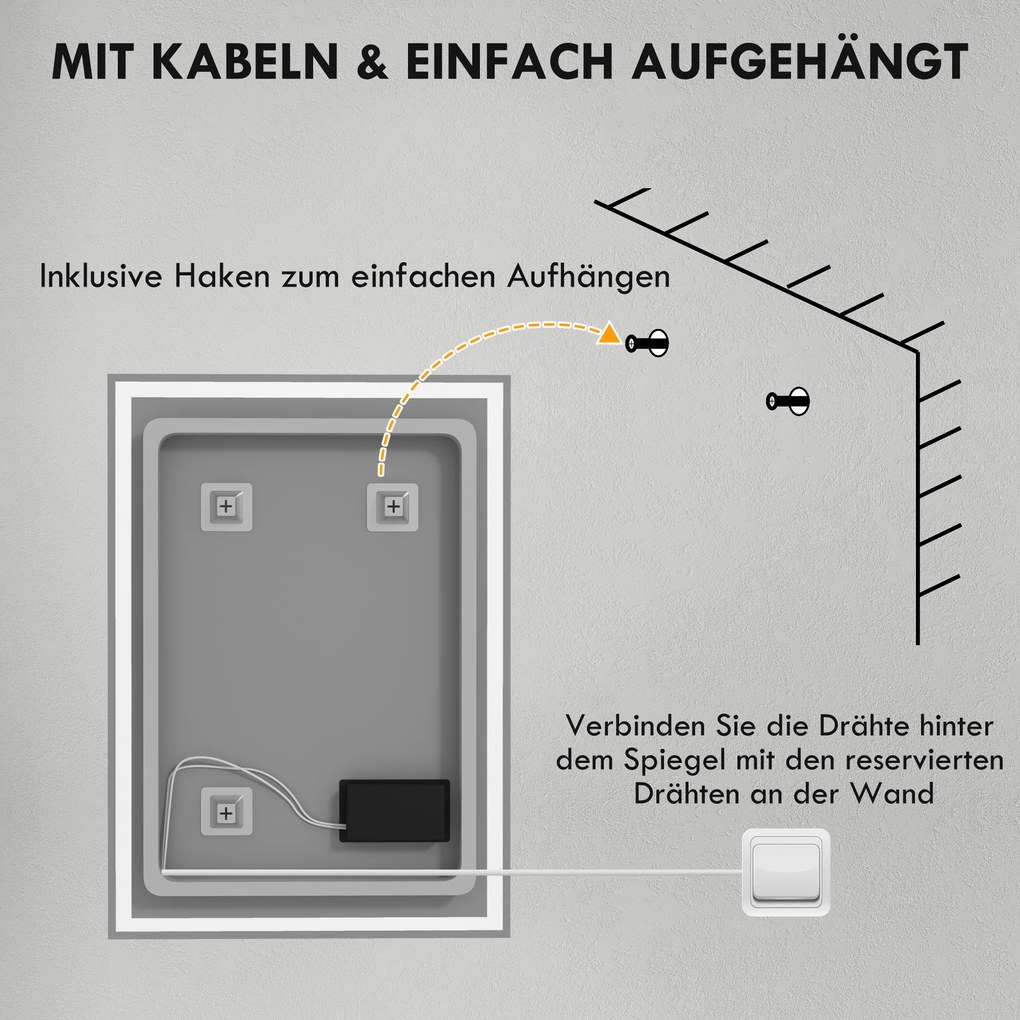HOMCOM Oświetlenie Łazienkowe LED z Lustrem 80x60cm Bezmgłowe z Przełącznikiem Dotykowym IP44 | Aosom PL