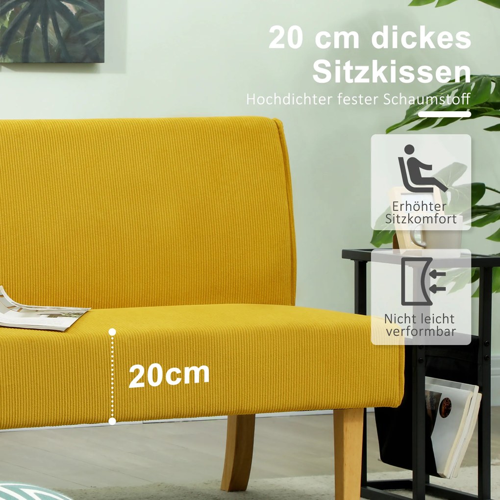 HOMCOM Sofa dwuosobowa z pokryciem kordowym, grubą tapicerką i solidnymi nogami drewnianymi do salonu, sypialni, biura, Żółty