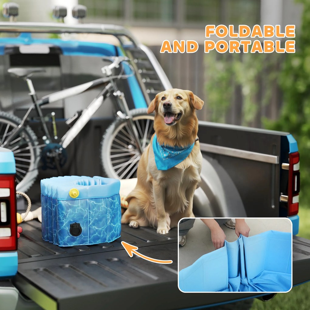 PawHut Składany Basen dla Psów z Fontanną i Poduszką Wodną Ø120 x 30 cm Niebieski