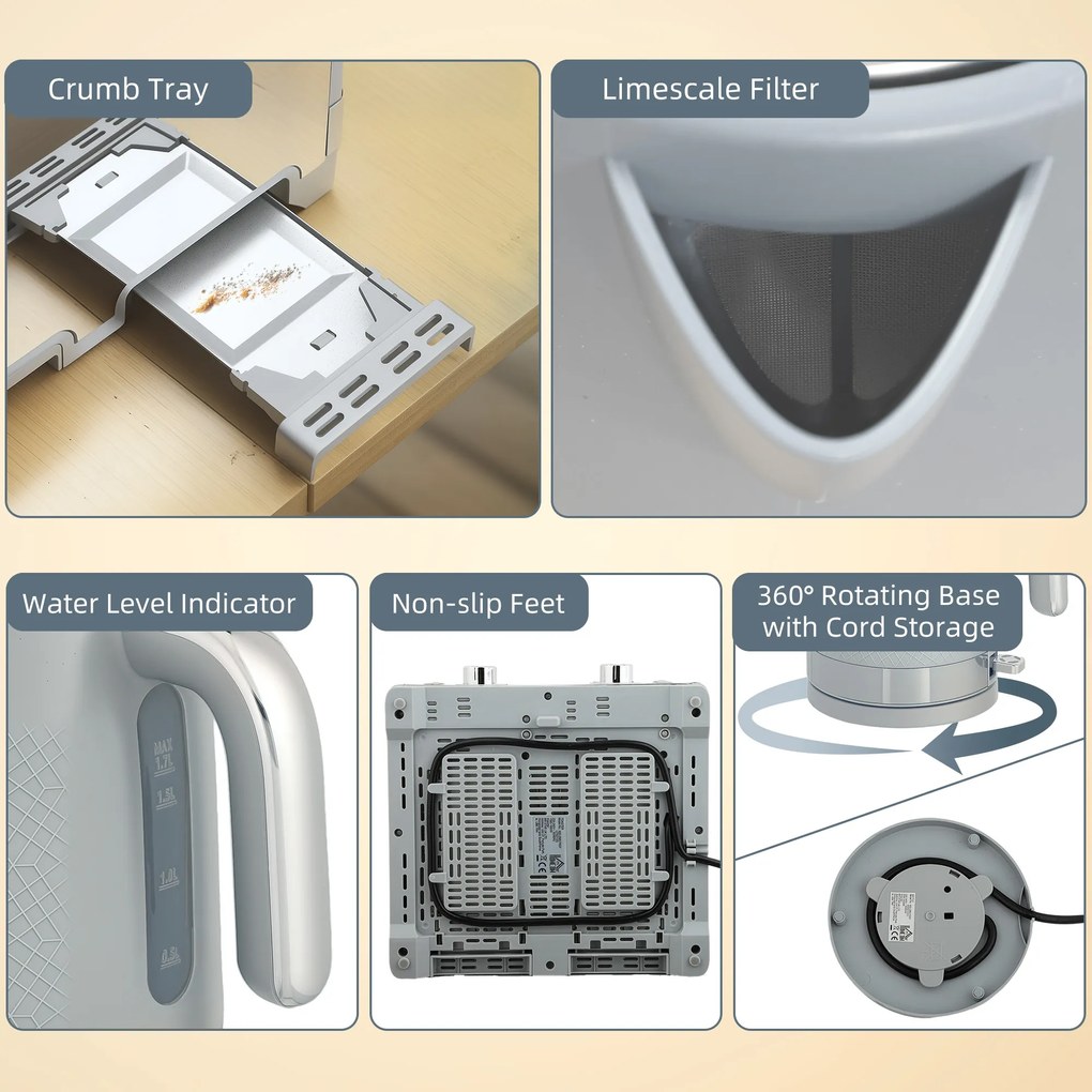 HOMCOM Zestaw Czajnik i Toster, 1,7L 2200W Szybkokochający Czajnik z Termostatem | Aosom PL