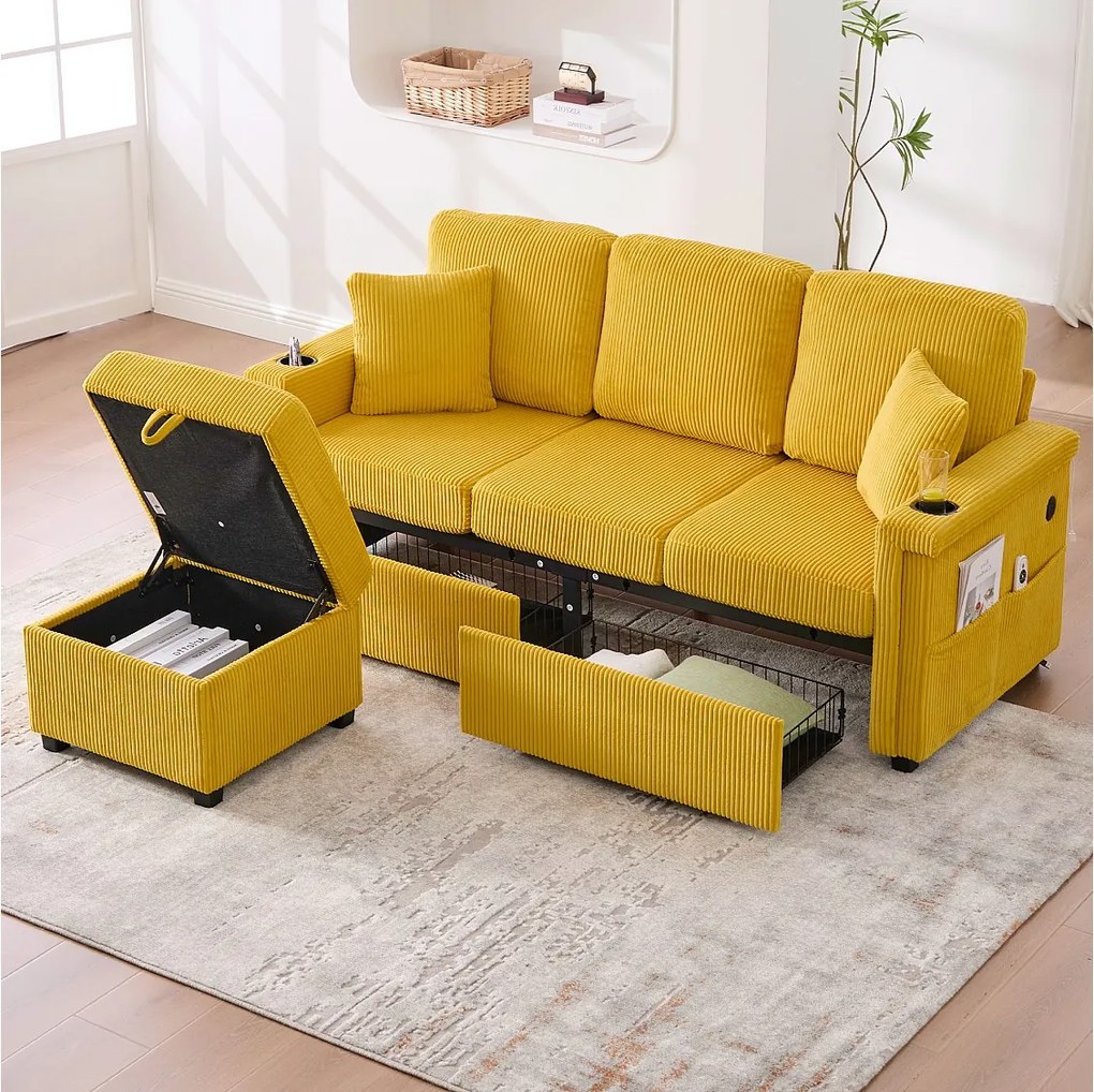 Żółta sofa 4-osobowa - Sofa narożna z oświetleniem LED i podnóżkiem ze schowkiem - uchwyt na kubek i boczne kieszenie - sztruks