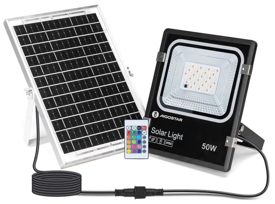 Aigostar - LED RGB 50W solarny reflektor 3,2V IP66 z pilotem, ściemnialny