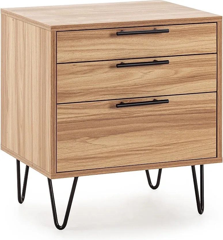 Stolik nocny Alma z 3 szufladami w kolorze drewna, metalowe nogi.