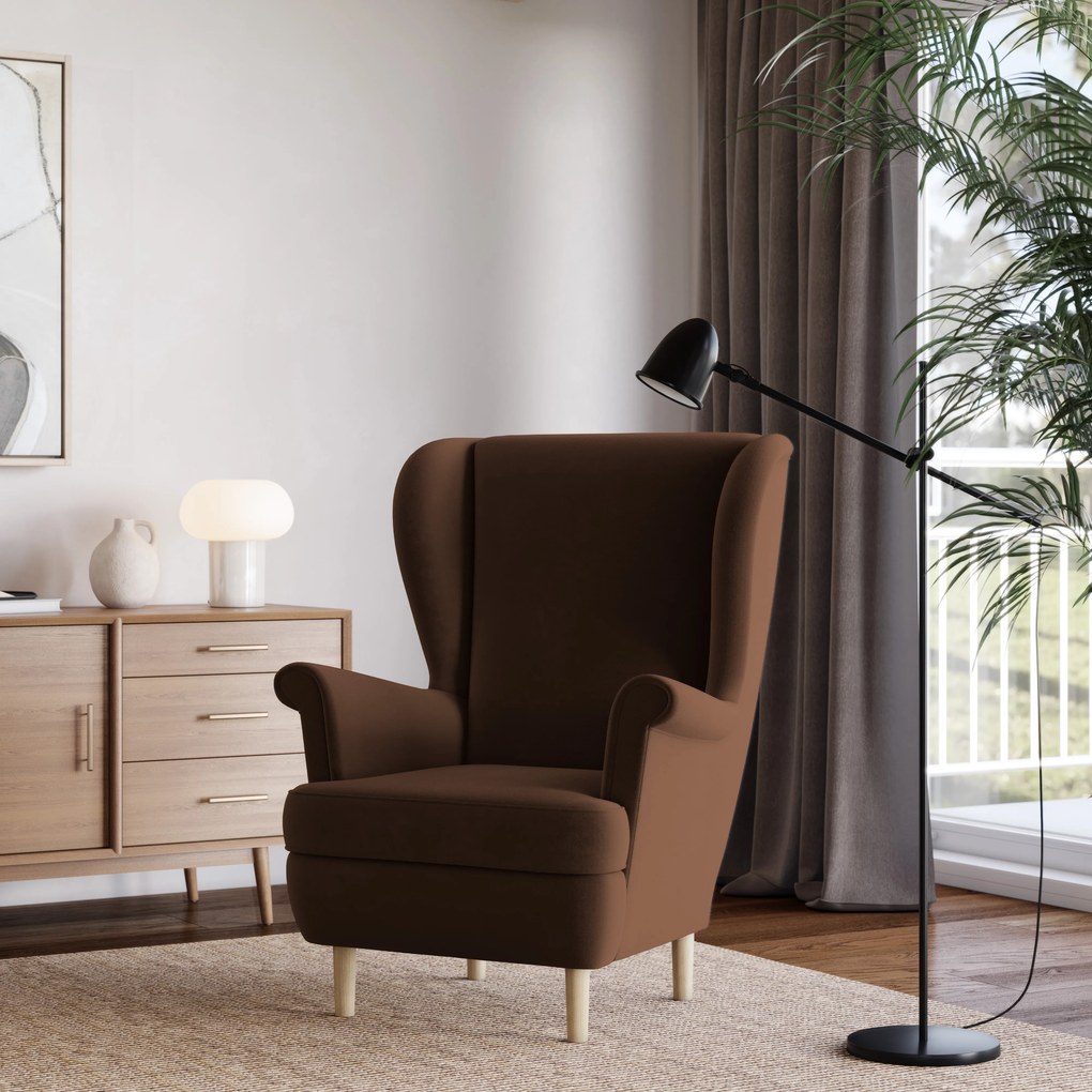 Stylowy fotel LENTIO, tapicerowany brązową tkaniną, ekskluzywny model do salonu