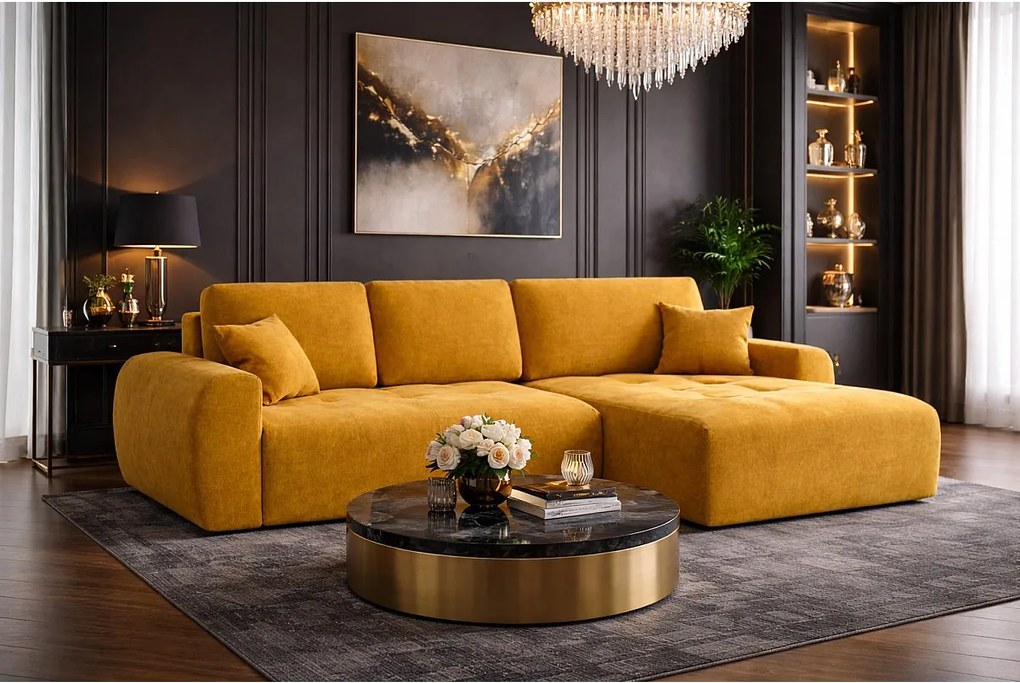 Narożnik w kształcie L z funkcją spania i pojemnikiem Ivo L, tkanina welurowa Salvador, Żółty, Prawy