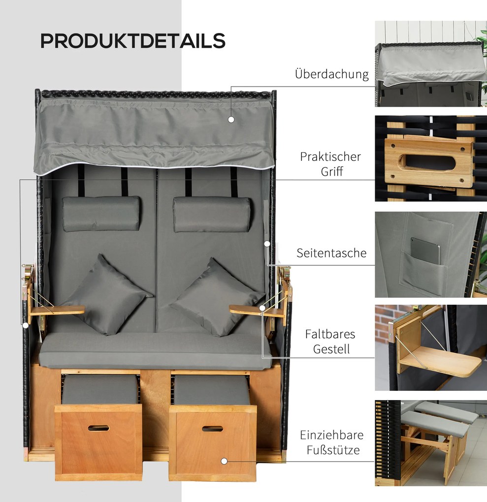 Outsunny kosz plażowy z dachem imitacja rattanu stół składany kolor jasnoszary, 118 x 79 x 150 cm