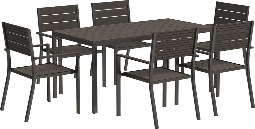 Outsunny Zestaw Mebli Ogrodowych 7-częściowy: Stół i 6 Stosowalnych Krzeseł, Szczelinowy Blat - Ciemnobrązowy