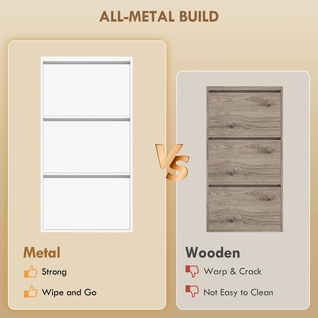HOMCOM Metalowa szafka na buty z 3 uchylnymi półkami, wąska szafka na buty montowana na ścianie, na 6 par butów, biała | Aosom PL