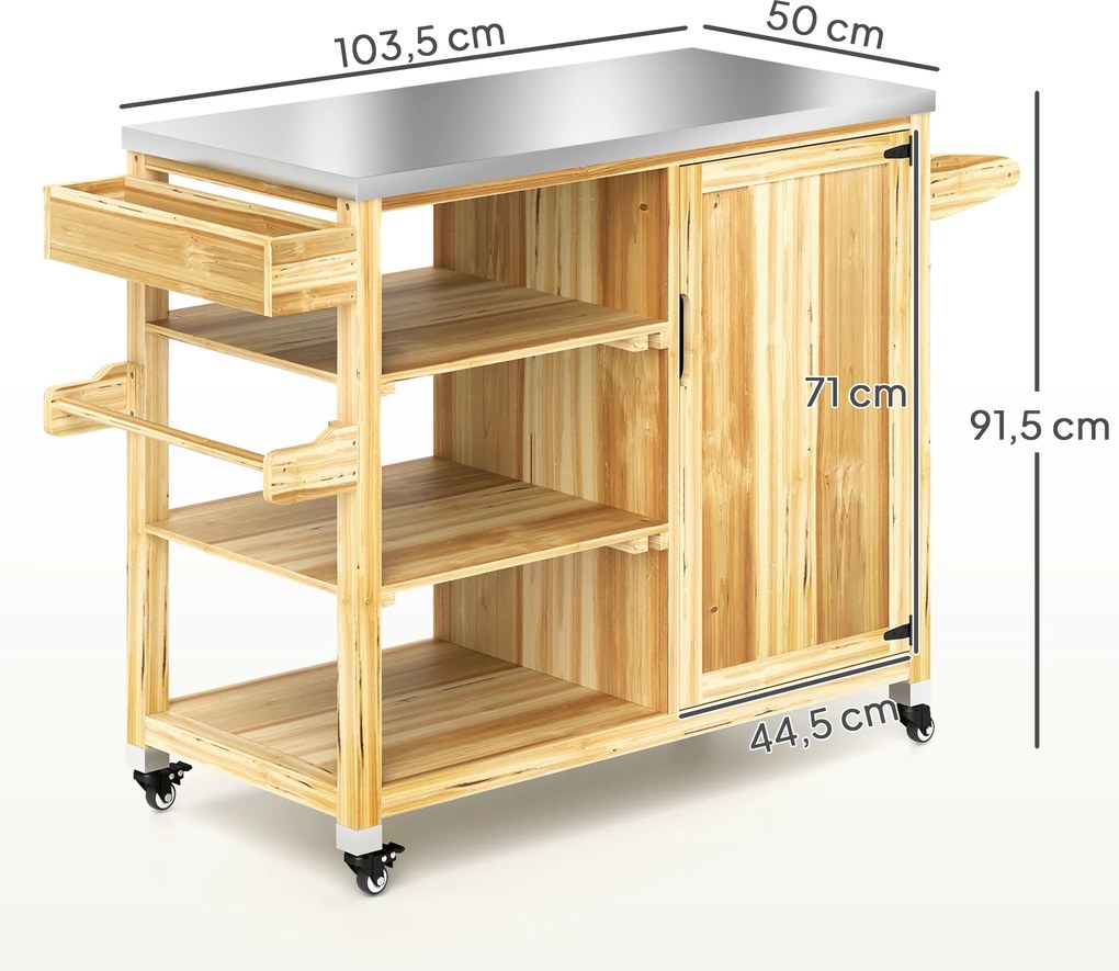 Outsunny Wyspa kuchenna na zewnątrz, Wózek grillowy ze szafką i półkami, Kuchenny wózek z drewna i stali nierdzewnej, na kółkach, Drewno naturalne