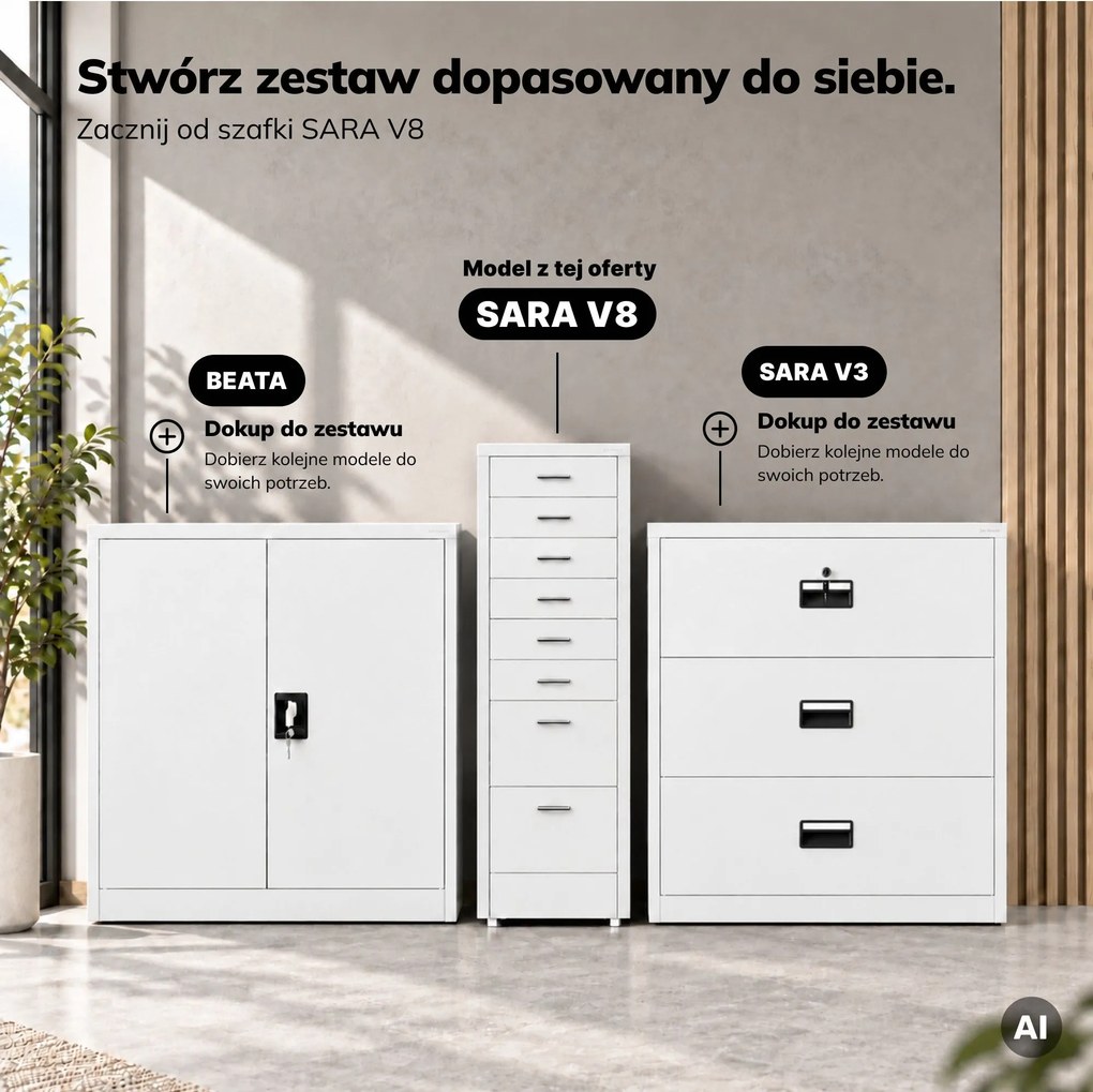 Szafka kartotekowa na kółkach, metalowa, 8 szuflad, na dokumenty, biała, 300x1100x600 mm: SARA V8