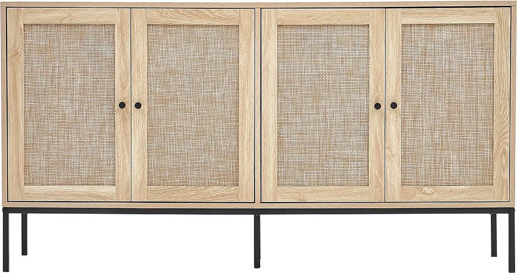Szafa Magazynowa SucceBuy Szafa z Rattanu z 4 Drzwiami Magnetycznymi i Regulowanymi Półkami, na Korytarz, Salon, Kuchnię - Wykończenie Naturalne