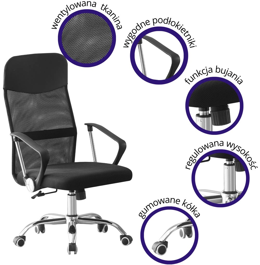 Fotel obrotowy biurowy siatka mesh podłokietnik czarny TILT bujanie, blokada, TIVO
