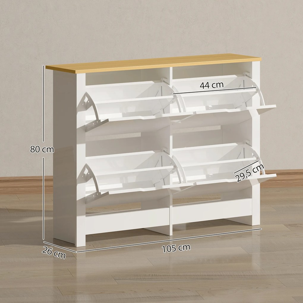 HOMCOM Wąska szafka na buty z 4 uchylnymi przegrodami, na 8–16 par butów, 105 x 26 x 80 cm, biały + naturalny | Aosom PL