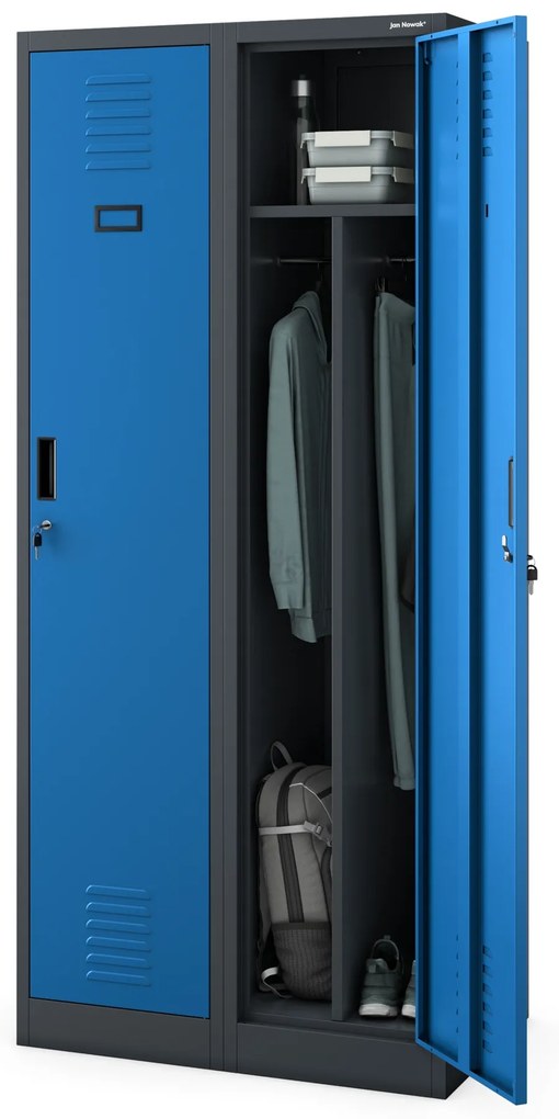 Szafka ubraniowa BHP antracytowo-niebieska: czterokomorowa KACPER, 800 x 1800 x 500 mm