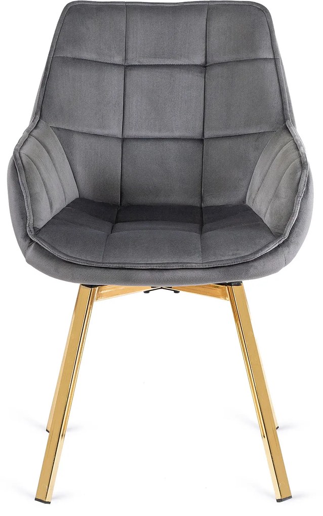 Zestaw Stół Okrągły Szklany SALLO 100 cm ze Złotymi Nogami i 4 Krzesła Tapicerowane Obrotowe do Salonu MIA Szare Welurowe