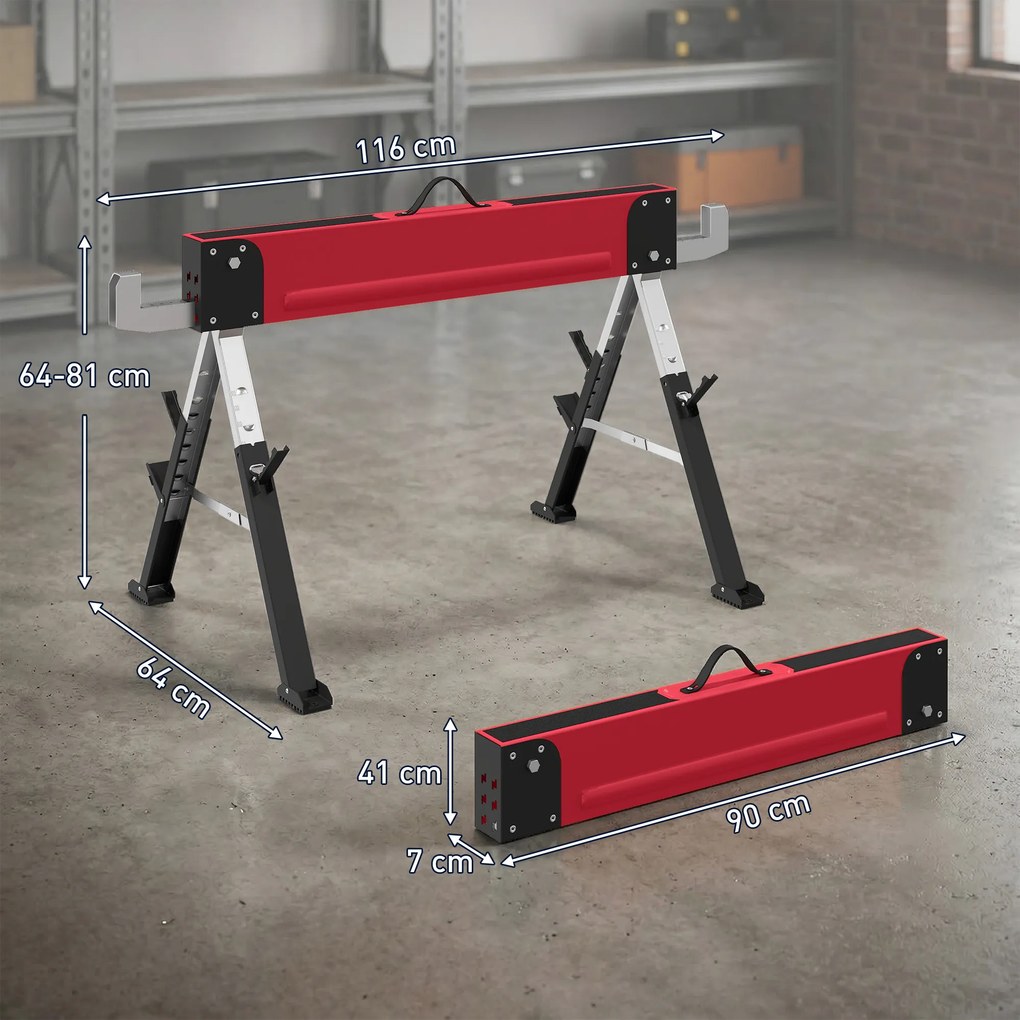 HOMCOM Zestaw 2 stojaków roboczych do 1160 kg, składane, regulowane 7 poziomów wysokości 64-81 cm, metalowe z uchwytem, czerwone | Aosom PL
