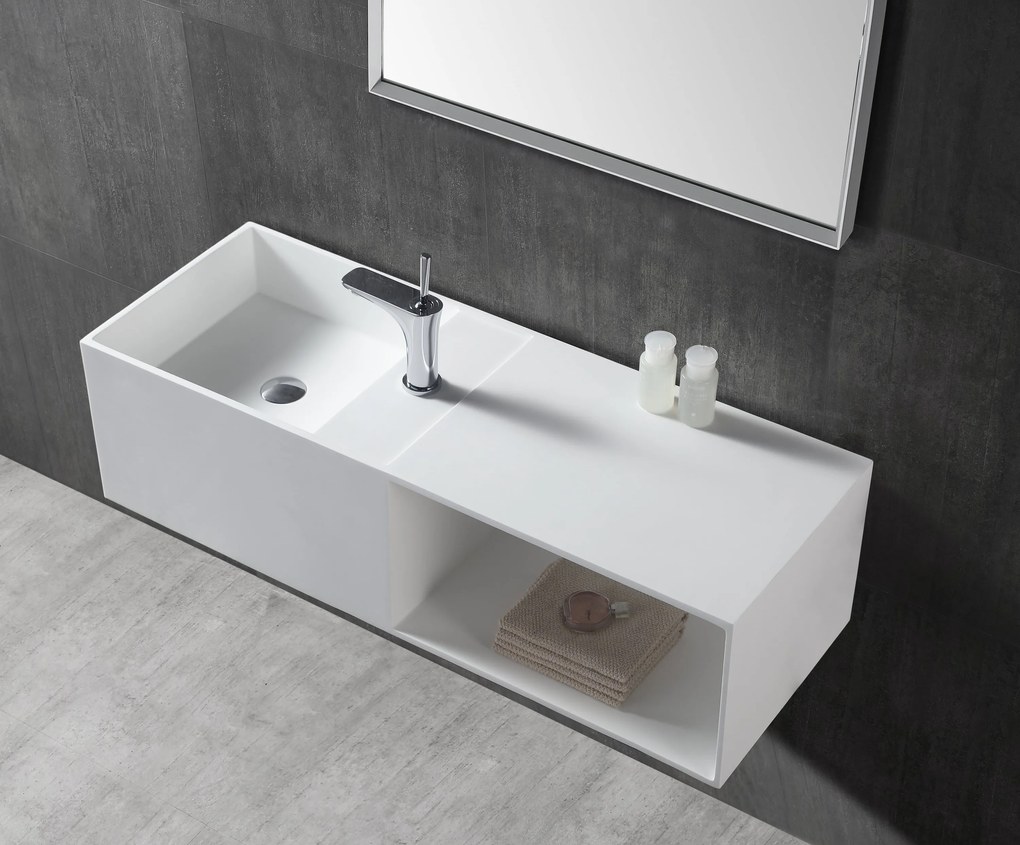 Umywalka ścienna TWG36 z odlewu mineralnegoBiały mat - z półką po prawej stronie - 110 x 40 x 30 cm