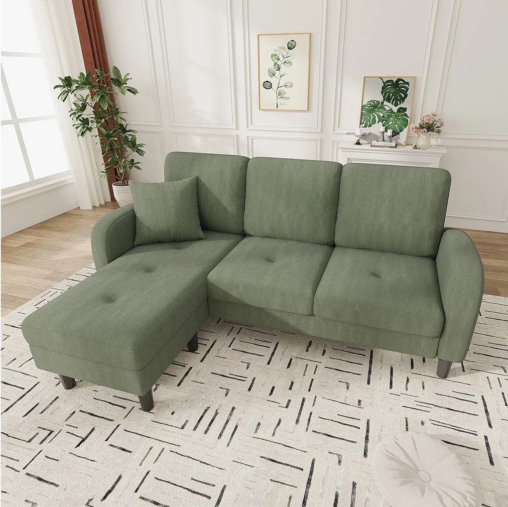 Narożnik 3-osobowy z szezlongiem - 166 x 118 x 77 cm - tkanina welurowa - nóżki plastikowe - kolor zielony