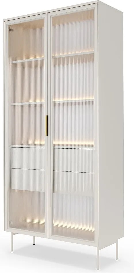 Witryna szklana 92 cm Senzia - oświetlenie LED, wysokie nóżki - witryna z szufladami, kaszmir