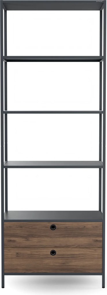 Regał z szufladami do biura, na segregatory i dokumenty, otwarte półki, metalowy, antracytowy/orzech, 800x2200x400 mm: ARIEL Eco Design