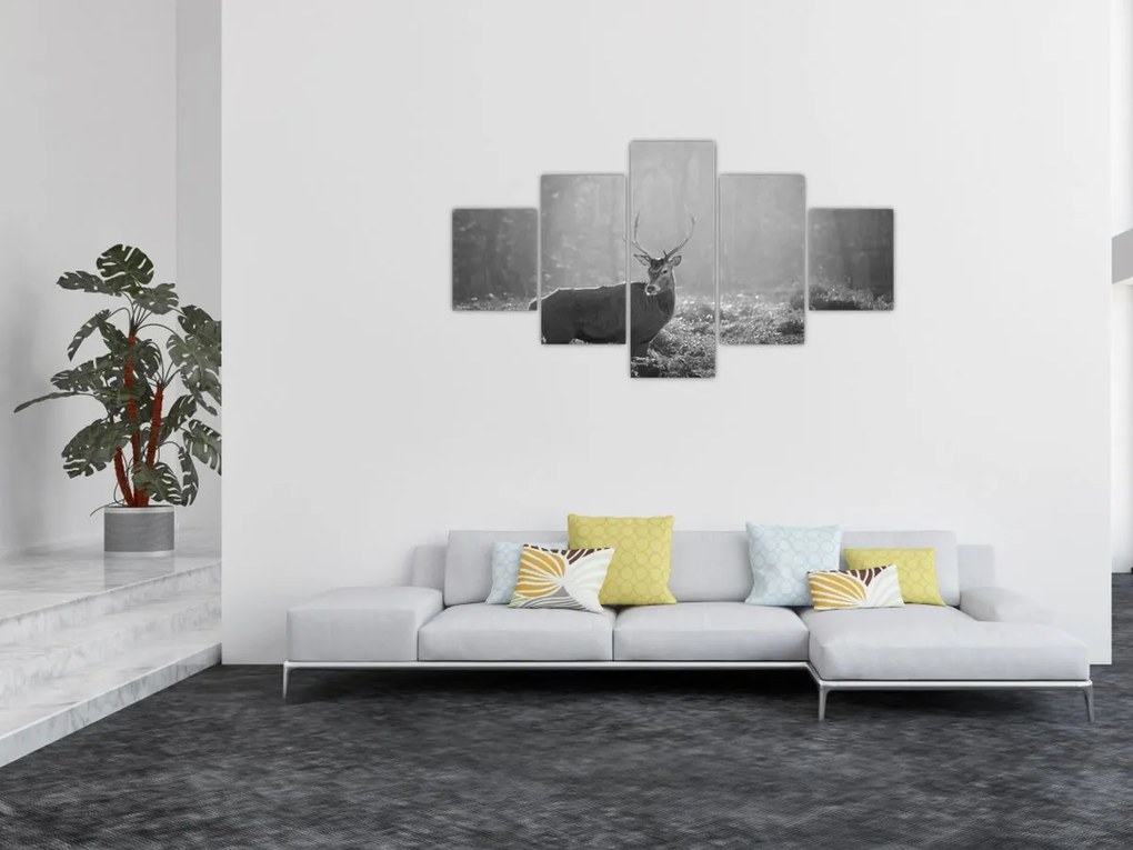 Obraz - Jeleń w lesie, czarno - biały (125x70 cm)