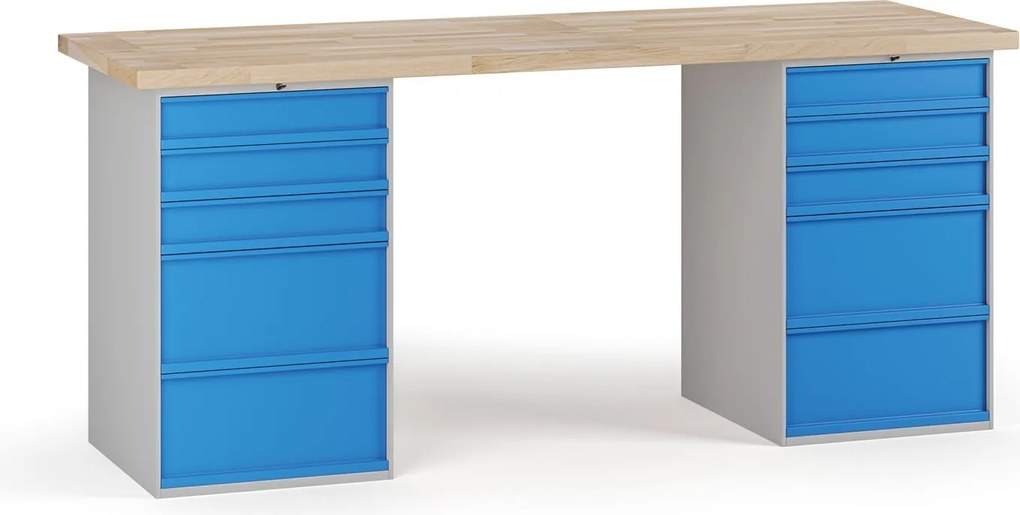 Stół warsztatowy G7, blat bukowy, 2000 x 685 x 840 mm, 2x kontener, 10x szuflada, niebieski