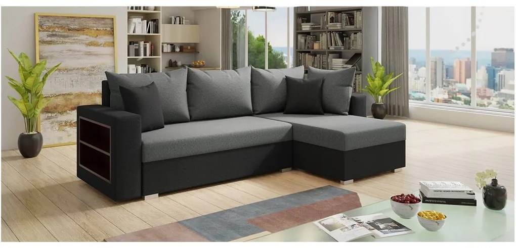 Sofa narożna KONGO, uniwersalny mebel z funkcją spania i praktyczną półką
