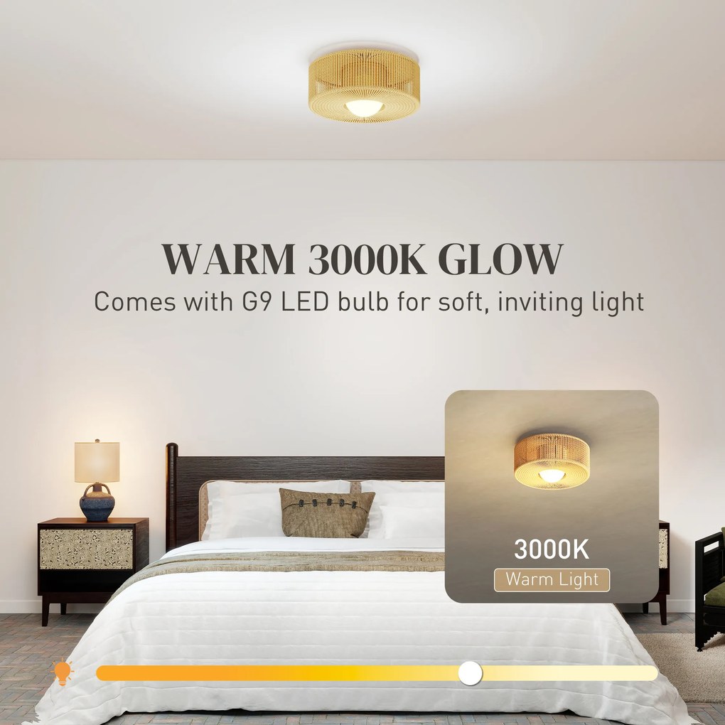 HOMCOM Lampa sufitowa, wisząca lampa boho z oprawką G9 LED, abażur ze sznurka konopnego okrągły