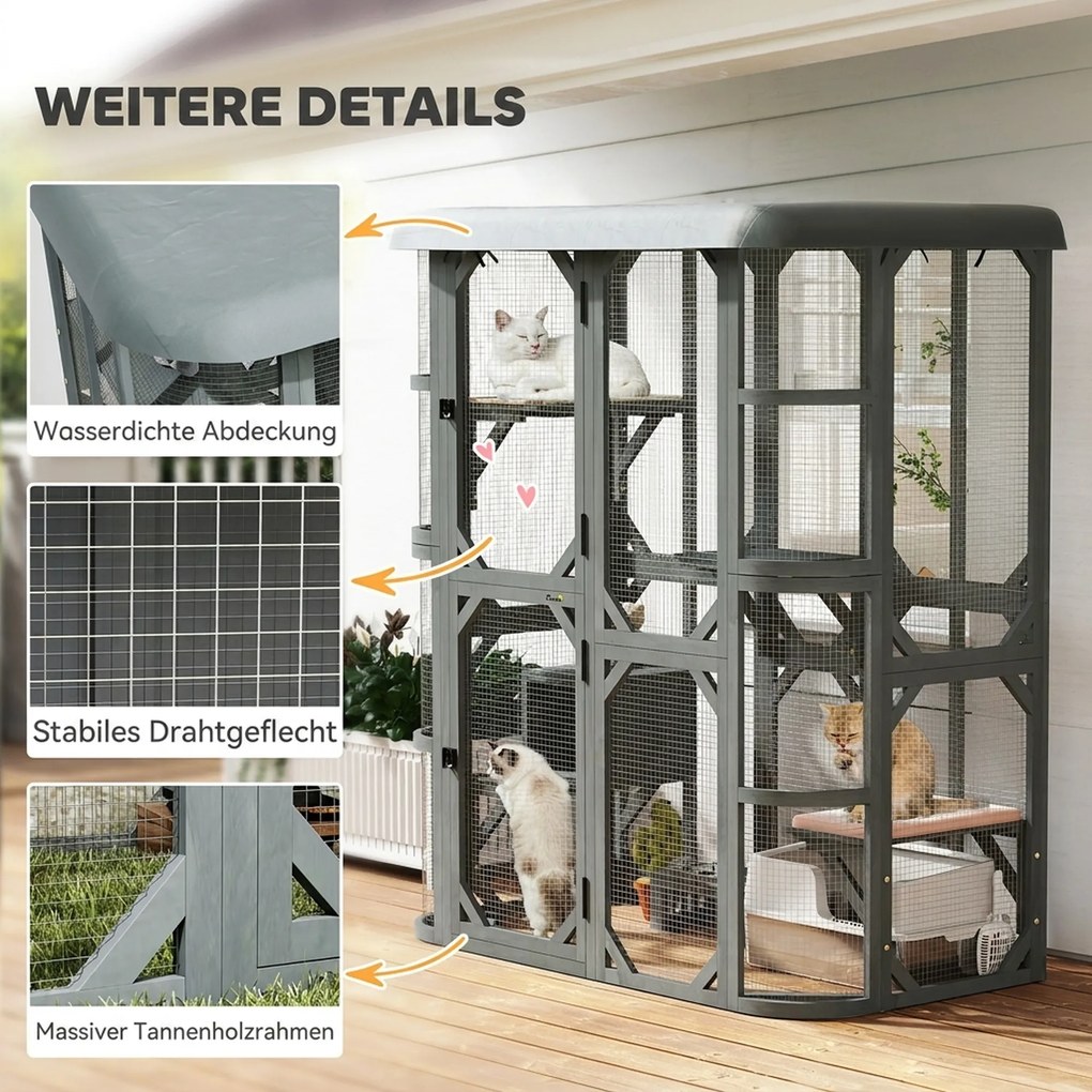 PawHut Wybieg dla kota na zewnątrz z wejściem drewniany domek dla kota z 4 platformami wodoodporny dach Oxford 2-3 koty do 8 kg | Aosom PL