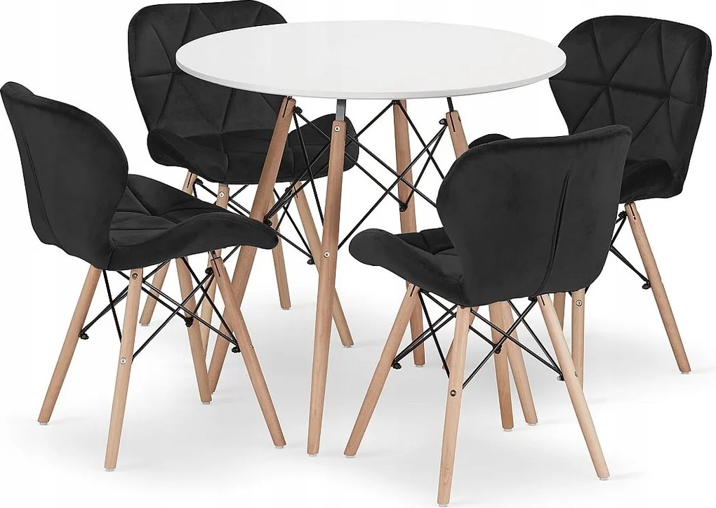 Zestaw Valora KOVA 80 okrągły stół biały + 4 czarne krzesła WAKO