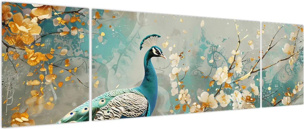 Obraz - Paw ze złotą dekoracją (170x50 cm)