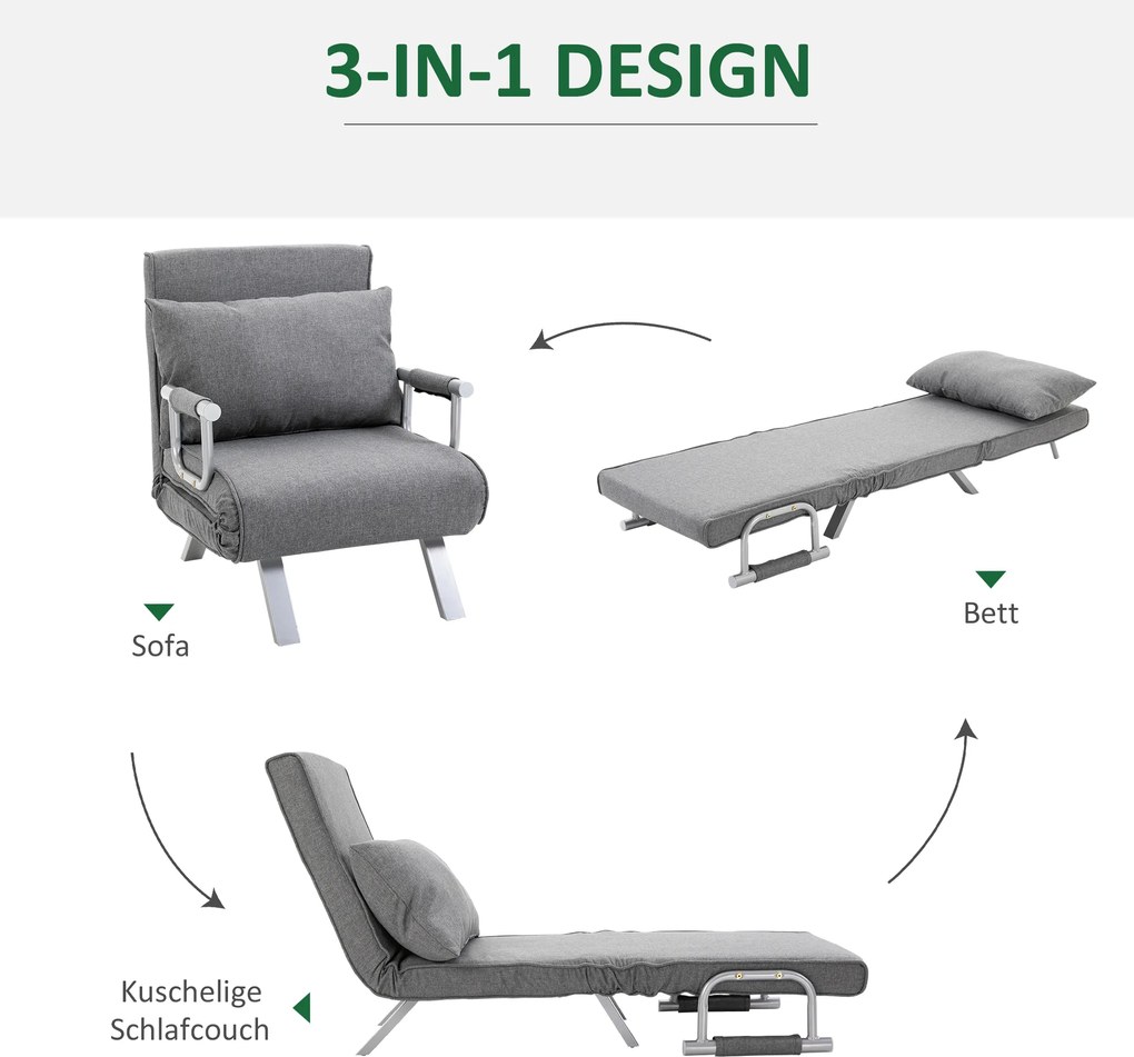 HOMCOM Fotel Relax z funkcją leżenia, łóżko dla gości, 65 cm x 69 cm x 80 cm, szary