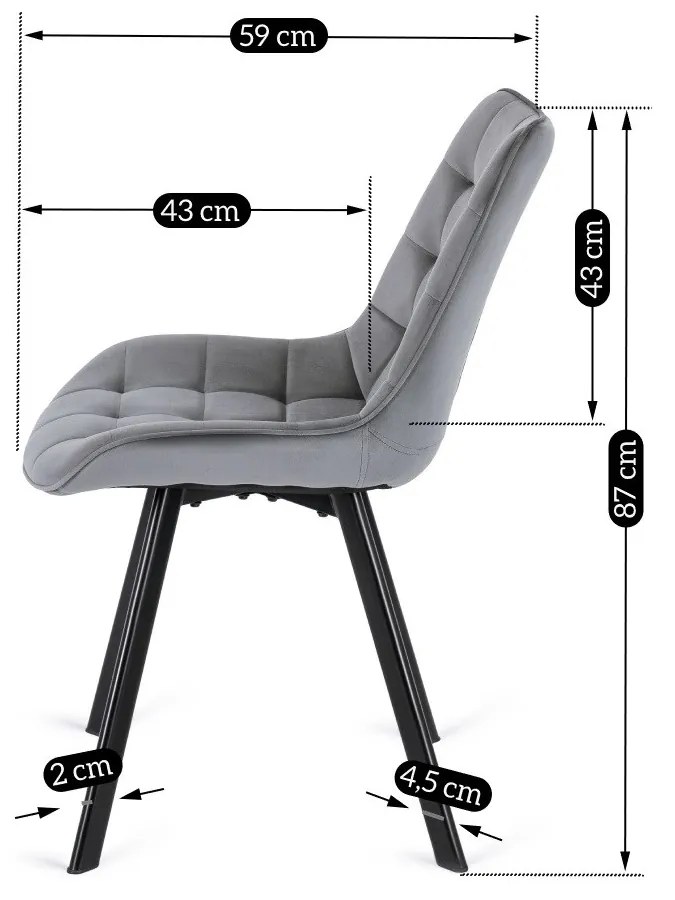 Zestaw 4x Krzesło Tapicerowane RICK do Salonu Szare Welurowe Nowoczesne Loft