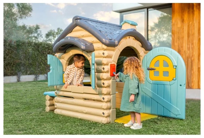 Feber duży domek ogrodowy casual z wysuwaną ławeczką chatka z belek