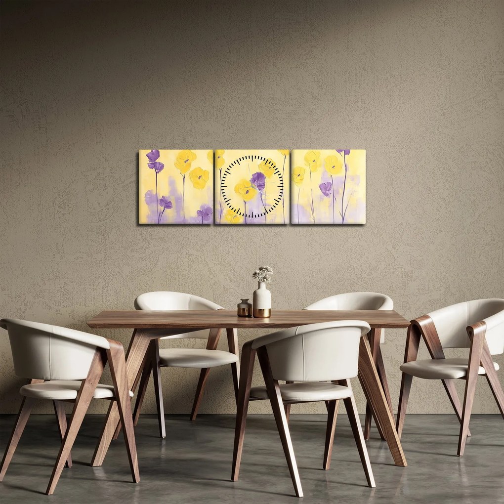 Obraz - Fioletowe i żółte kwiatuszki (z zegarem) (90x30 cm)
