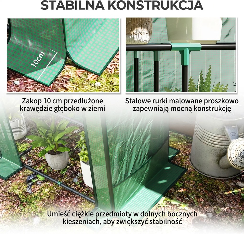 Outsunny Mini-szklarnia z 3-poziomowymi półkami, pokrywa plastikowa, UV-odporna, przenośna, drzwi rolowane, 144 x 48 x 152 cm, Zielony