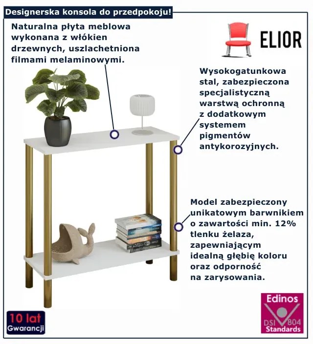 Biała minimalistyczna konsola na złotym stelażu  R8-S50