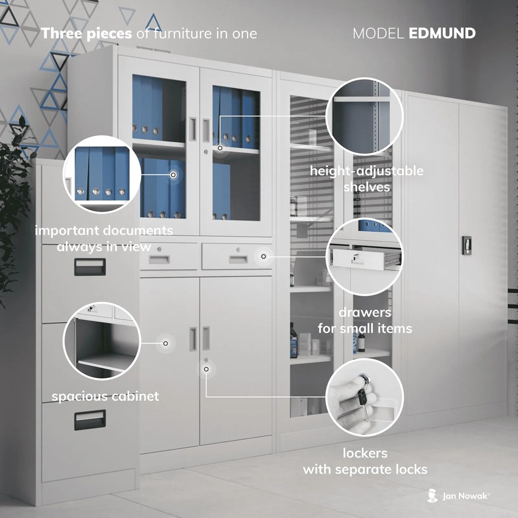 Szafa biurowa z gablotą szklaną Edmund 90x40x185 cm szara