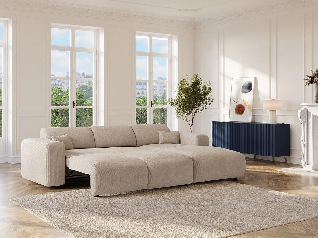 Kanapa narożna prawostronna rozkładana dużych rozmiarów z beżowego weluru - POGNI marki Maison Céphy